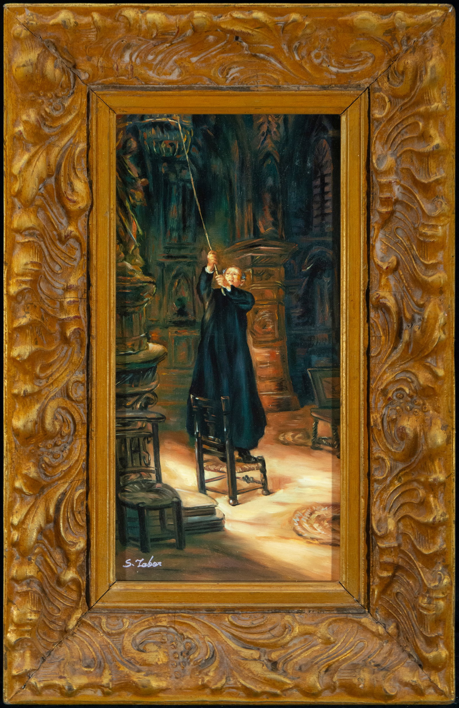 Chaplain Cleaning the Choir - Signed, Central European School of the 19th - early 20th century: Oil on board measurements: 40 x 20 cm, frame measurements: 56 x 36 cm