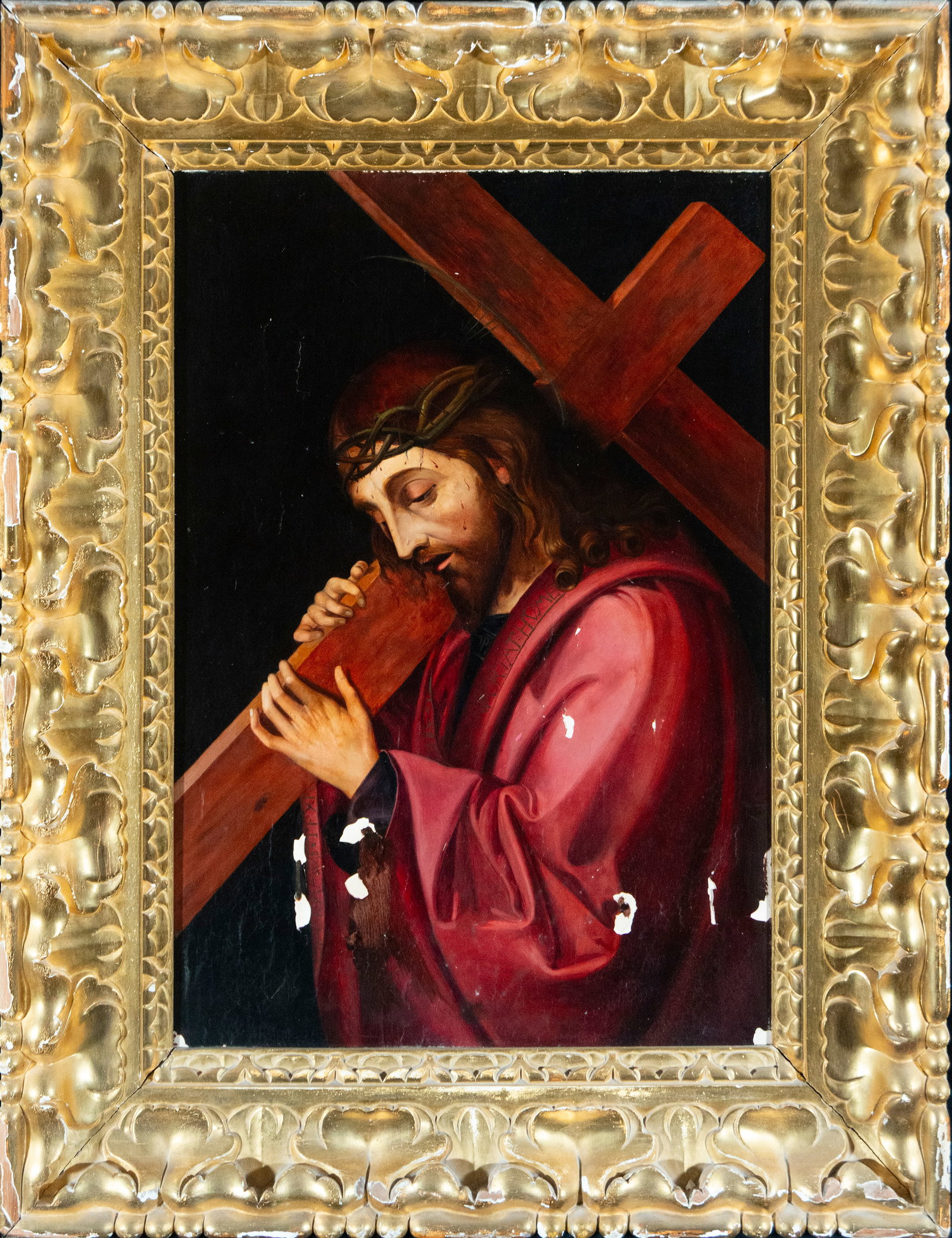 Jesus with the cross, 19th century, AFTER THE MASTER OF SAN LEOCADIO, Valencia: 69 cm x 45 cm and 91 cm x 70 cm