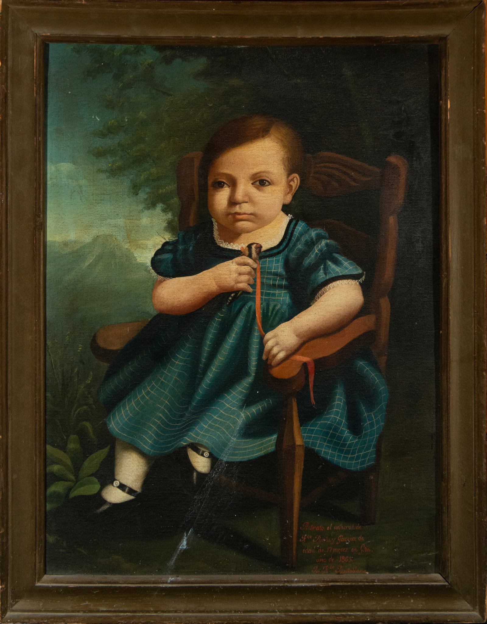 Oil painting on canvas portrait of a girl dressed in blue 19th century: 75 cm x 56 cm and 86 cm x 66 cm