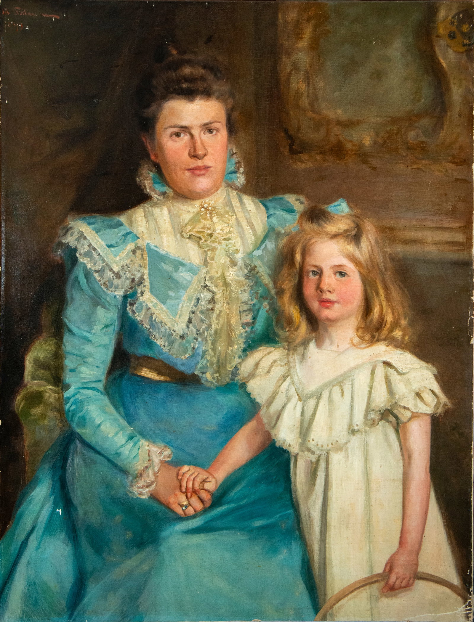 Oil painting on canvas portrait of a lady with her daughter, 19th century, possibly English school: 106 cm x 81 cm