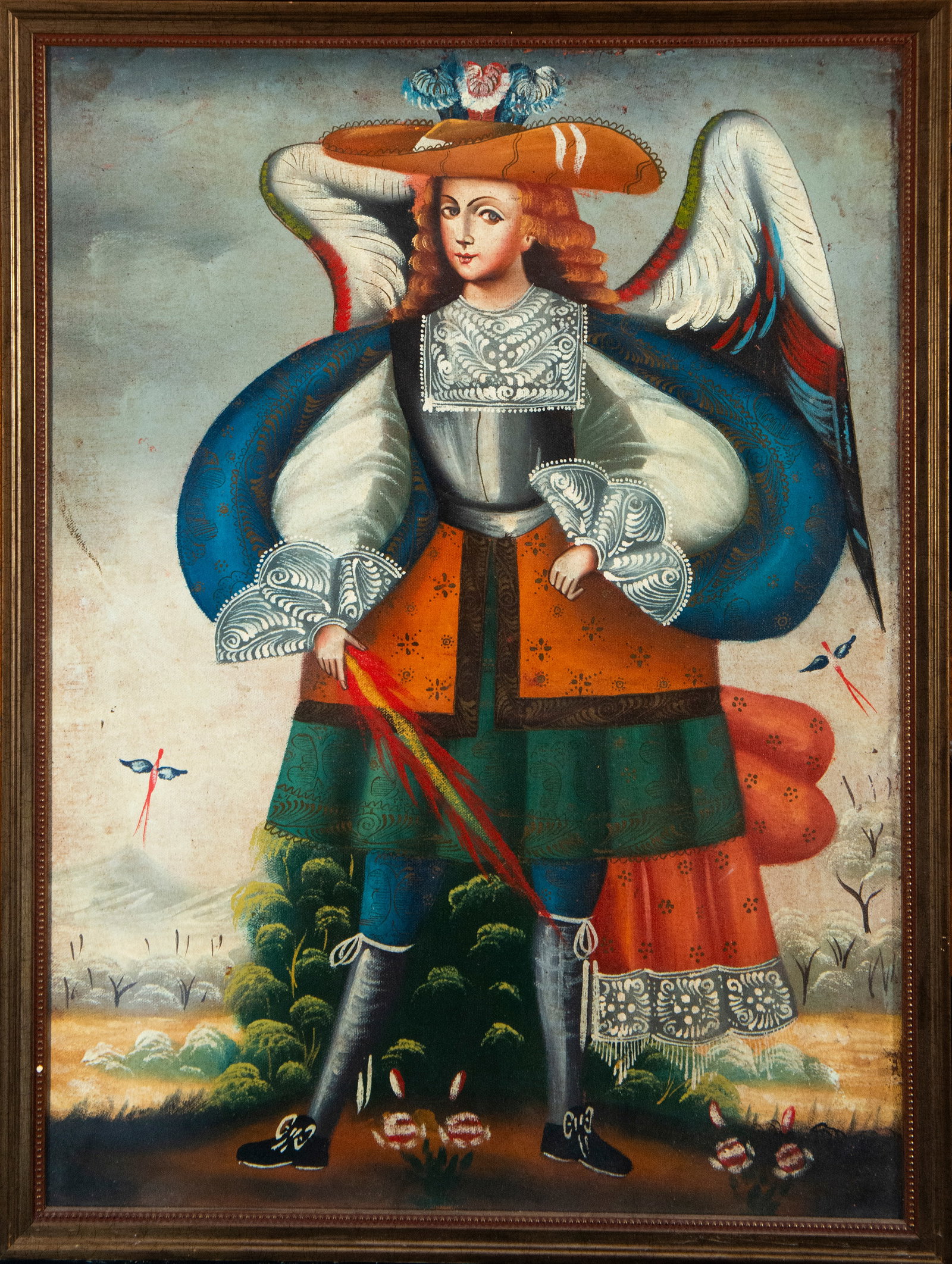 Oil painting on canvas Archangel arquebusier colonial school mid twentieth century: 56 cm x 41 cm and 60 cm x 45 cm