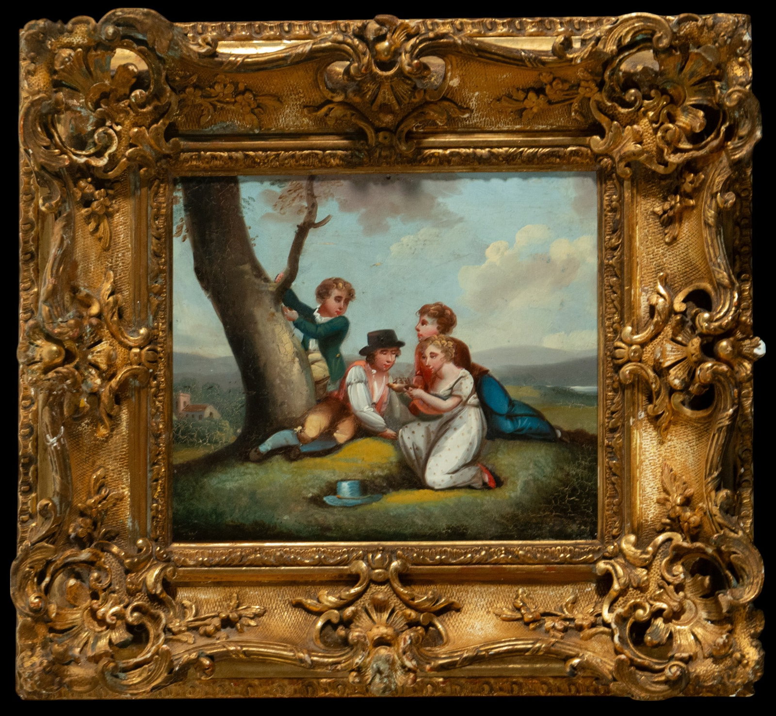 19th Century Romantic School - Costumbrista scene: Dimensions: 34 × 31 cm. Oil on tin. Romantic costumbrist scene showing a group of young people in an idyllic natural setting. The liveliness of the characters and the detailed work on the background 