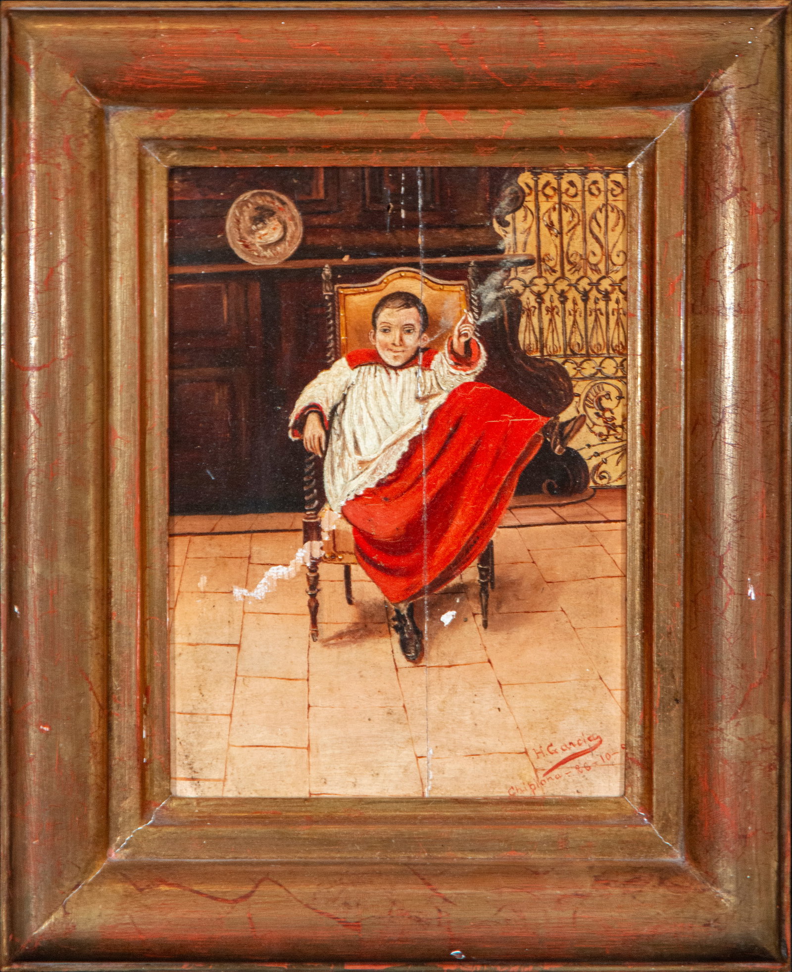 Altar boy seated in an armchair. H. Garcia - Chipiona. Spanish genre painting. 19th century: Oil on canvas. Measurements 24 x 18 cm.