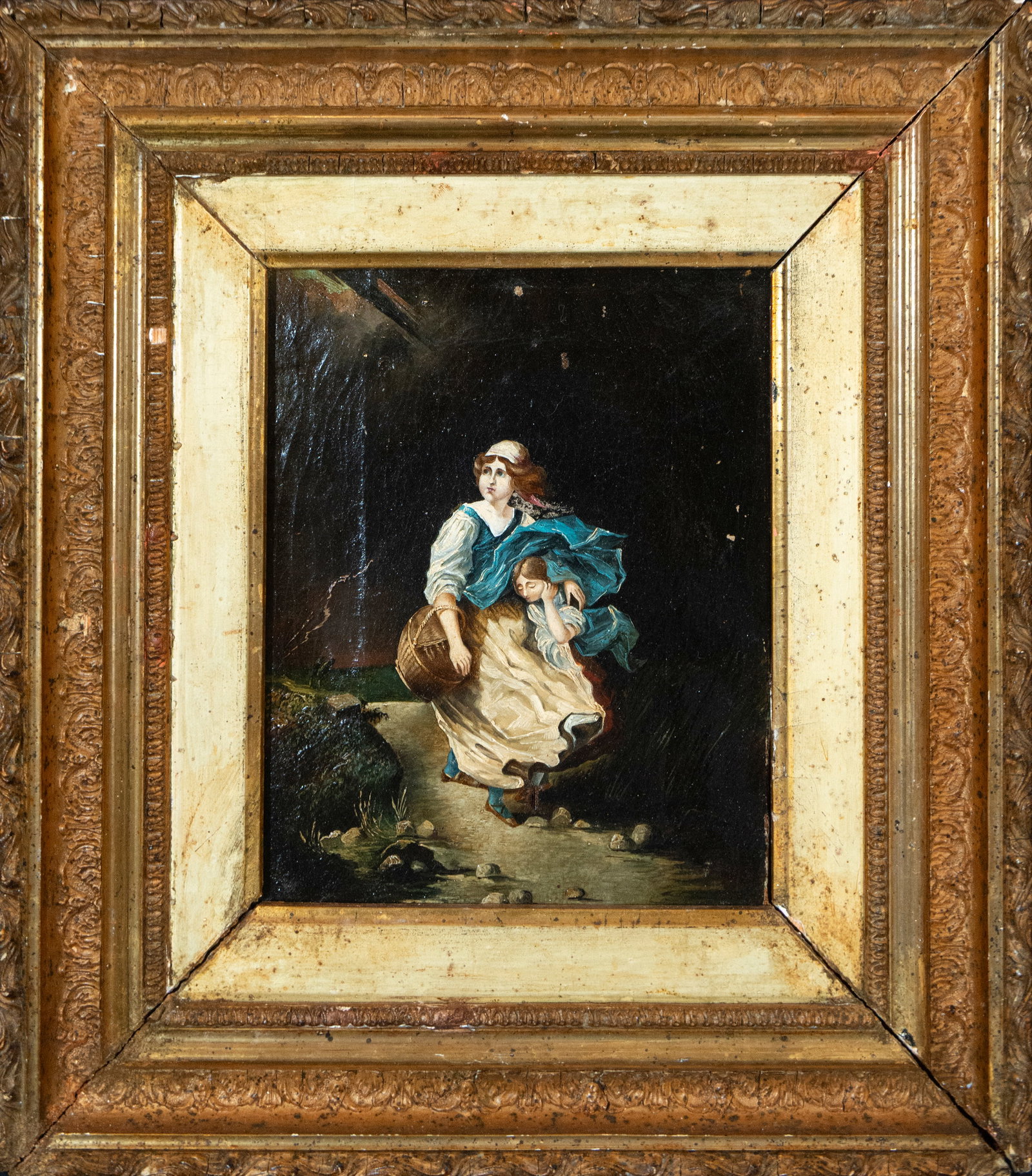 Woman protecting a girl during a storm. European Romantic school. 19th century: Oil on panel. Dimensions 25 x 20 cm. The composition features a young woman walking purposefully while protecting a child wrapped in a large cloak billowing in the wind. The scene unfolds in a somber 