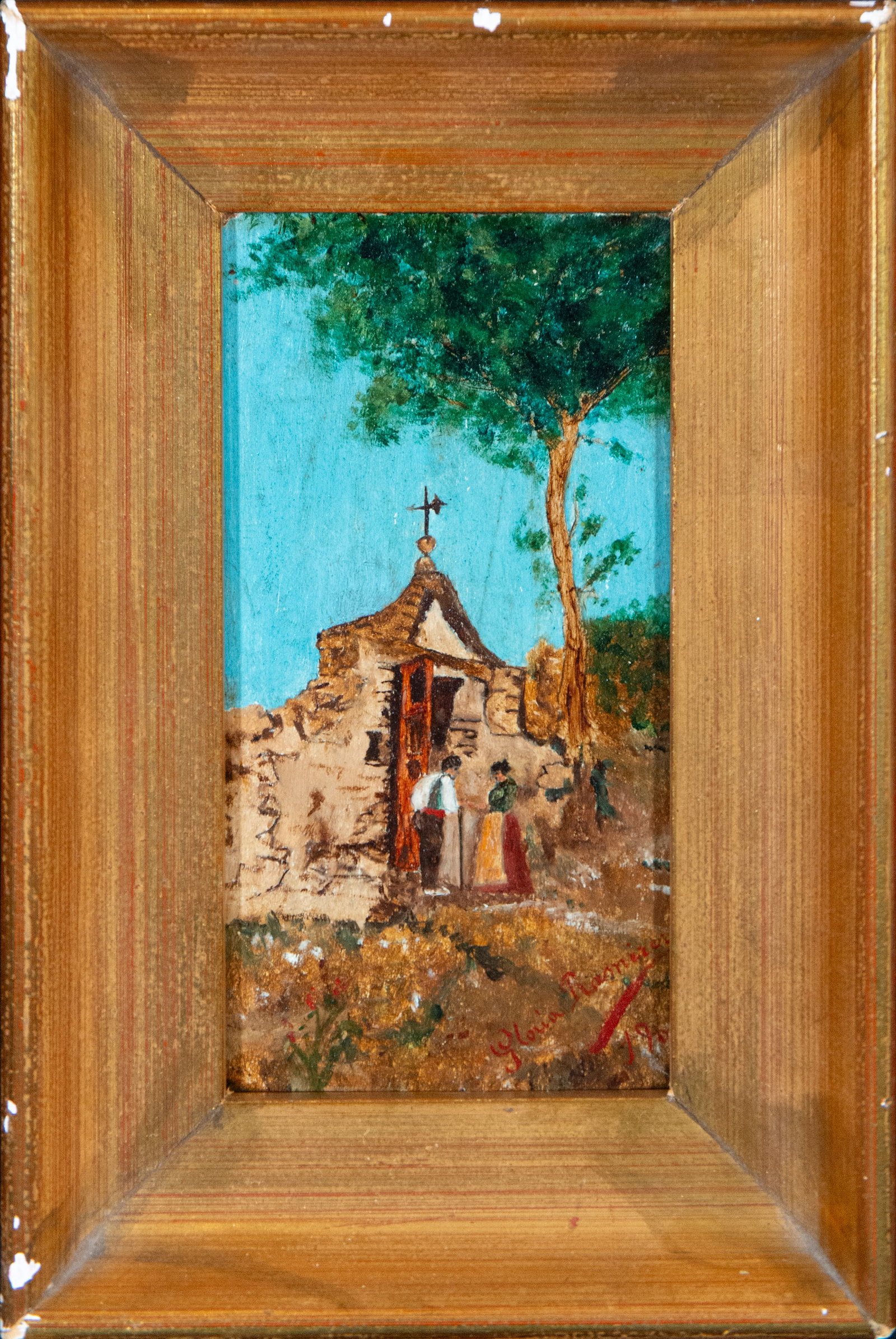 Popular scene next to a hermitage. Signed. Spanish genre painting school. 19th century: Oil on panel. Dimensions 17 x 9 cm. A small genre scene unfolds in front of a modest rural hermitage, where two figures converse near the entrance, while the surrounding vegetation and landscape compl