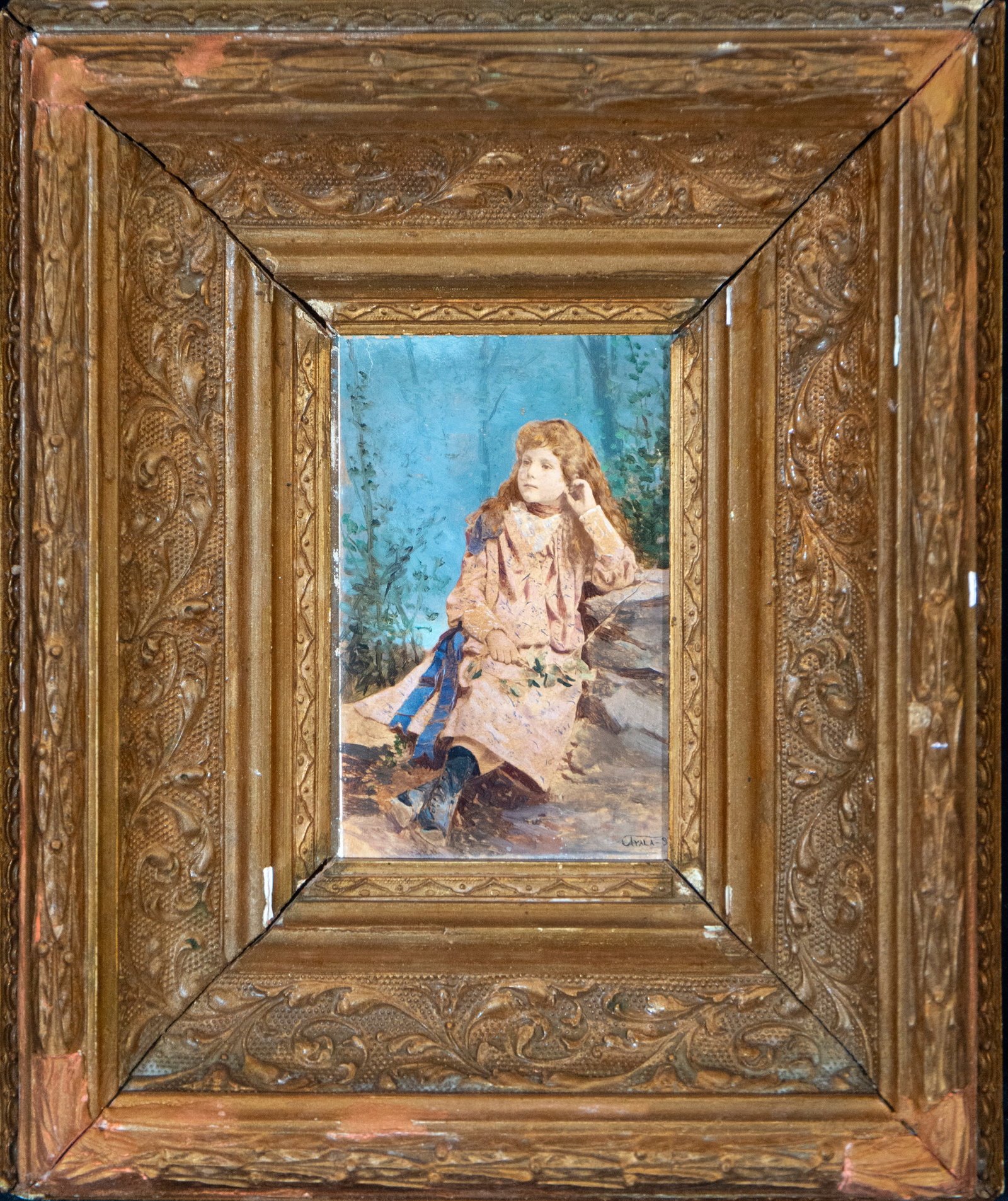 Portrait of a girl in a landscape. Signed. European academic school. 19th century: Oil on panel. Dimensions 13 x 9 cm. Portrait of a young girl seated outdoors on a rock formation, immersed in a delicately suggested natural environment of vegetation. The figure adopts a reflective a