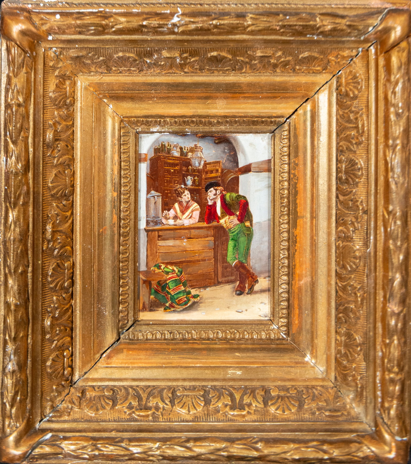 Tavern scene with a couple. Spanish costumbrista school. 19th century: Oil on panel. Dimensions 15 x 11 cm. A genre scene set inside a popular tavern, where a young woman behind the counter converses with an elegantly dressed gentleman who adopts a relaxed and gallant de