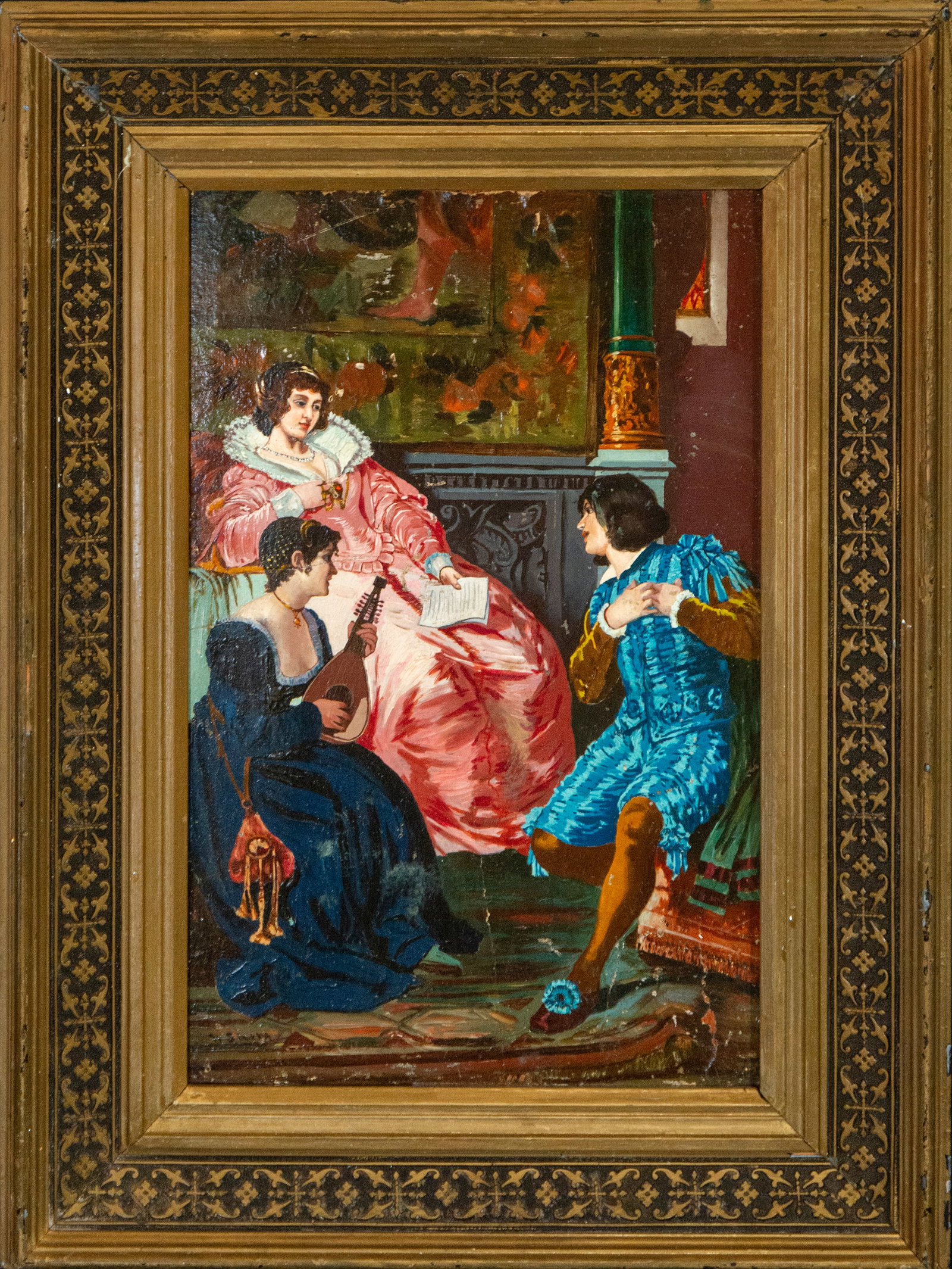 Gallant scene with music, Spanish school, 19th century: Oil on copper or metal sheet. Dimensions 35 x 23 cm; framed 48 x 35 cm. An elegant interior scene depicting three elegantly dressed figures participating in a musical and courtly gathering. A lady in 