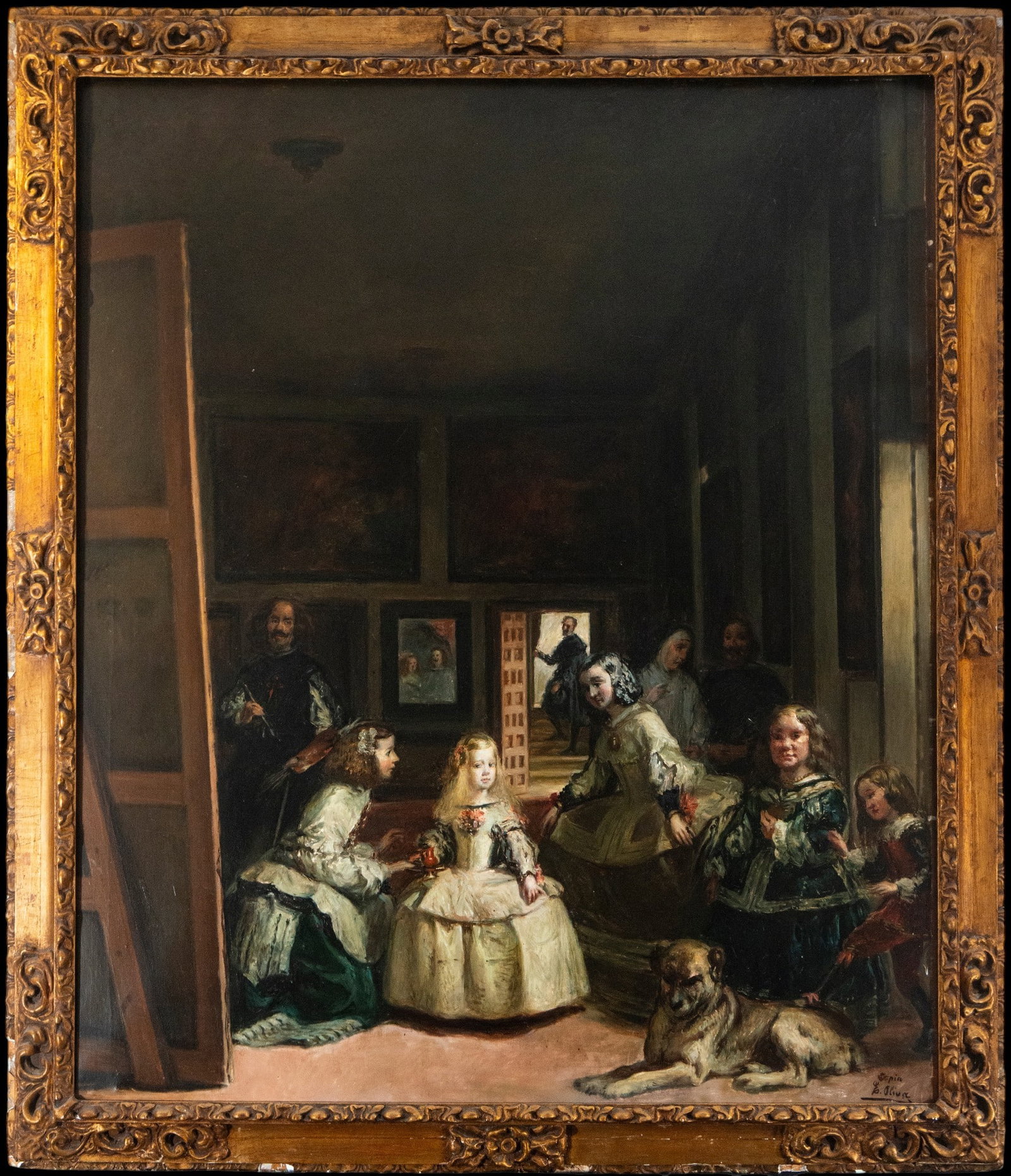 Follower of Velázquez, Signed, 19th Century: Oil on canvas. Dimensions: 141 x 126 cm; 163 x 145 cm with frame. A 19th-century copy of a Velázquez-inspired subject, depicting a palatial scene populated by princesses, ladies-in-waiting, and a dog