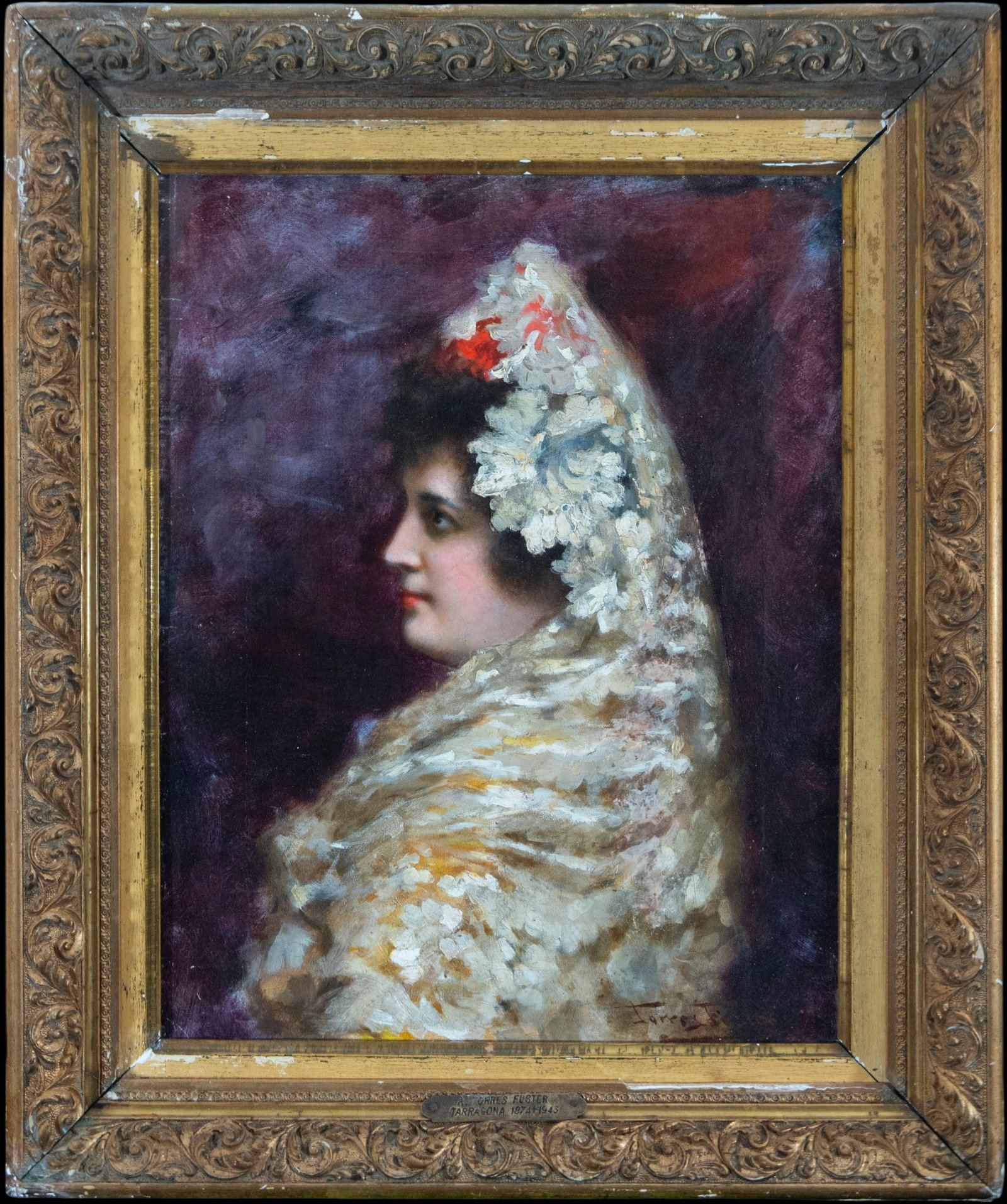 Portrait of a woman with a mantilla, Antonio Torres Fuster, Spanish School, 19th century: Oil on canvas. Measurements: 39 x 31 cm; 52 x 43 cm with frame.