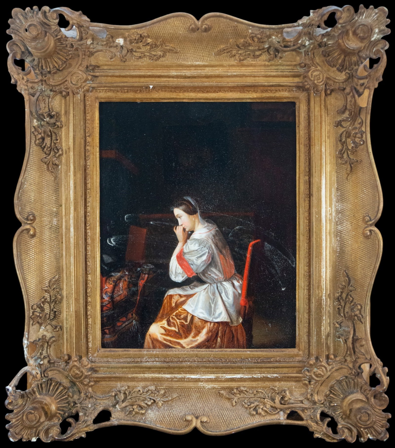 Lady in an Interior, European School, 19th Century: Oil on panel. Measurements: 34 x 26 cm; 56 x 47 cm with frame.