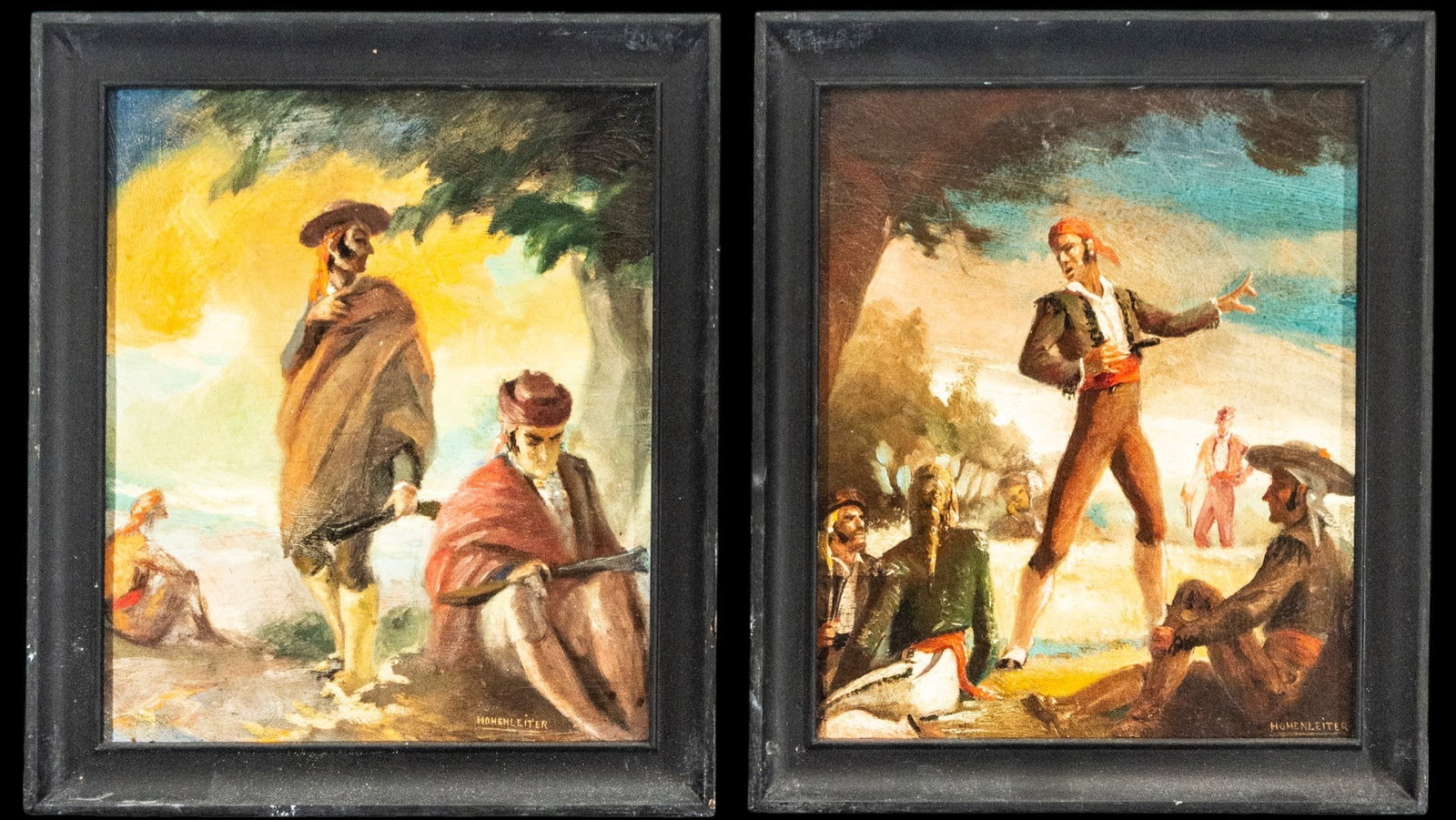 Pair of scenes with figures, Hohenleiter, European School, 19th Century: Oil on panel. Measurements: 32 x 28 cm each; 38 x 34 cm with frame.