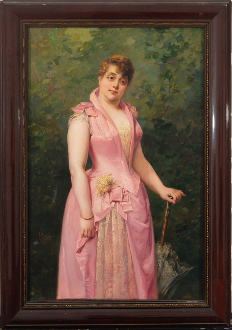 FRANCESC MASRIERA (Barcelona, 1842-1902) - YOUNG BURGOISE LADY WITH PARASOL: Oil on canvas, framed measurements: 97 x 69, canvas measurements: 69 x 54 cm. Catalan school. Provenance: property on a private collection.