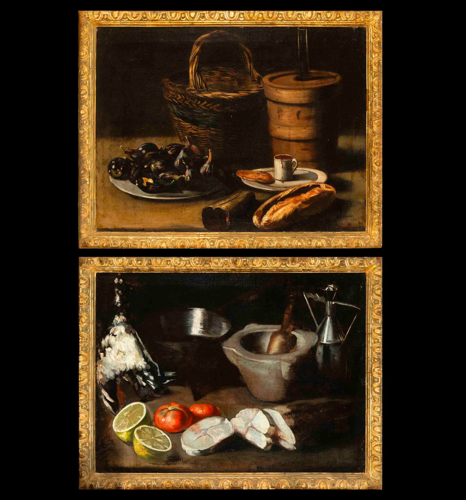 Attributed to Luis Meléndez, Pair of important still lifes (Naples, 1716-Madrid, 1780): Oil on canvas, 82 cm x 60 cm, 90 cm x 68 cm.
