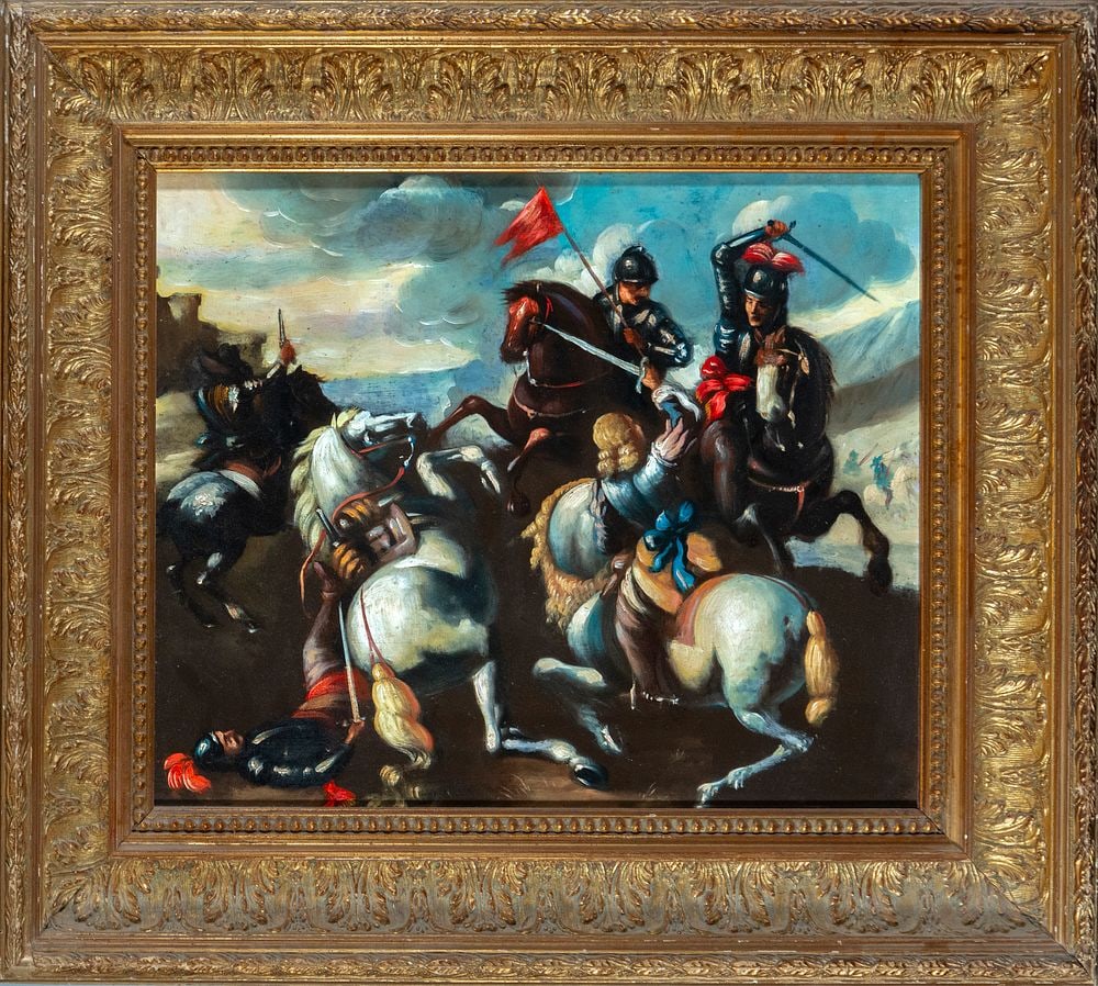 Battle scene, European school, 19th century: Oil on panel. Measurements 48 x 38 / 67 x 58 cm.