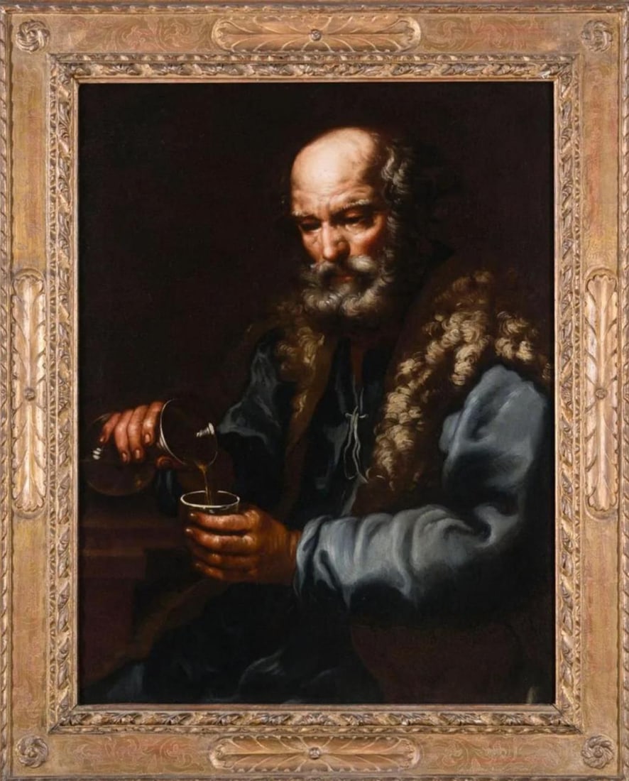 Allegory of Autumn - “Bernardo Monsú??. Danish School active in Italy. 17th Century: Oil on canvas. Dimensions 96 x 77 cm. Half-length composition centered on the figure of an old man pouring wine from a glass bottle into a goblet, captured in a moment of contemplation and concentrati