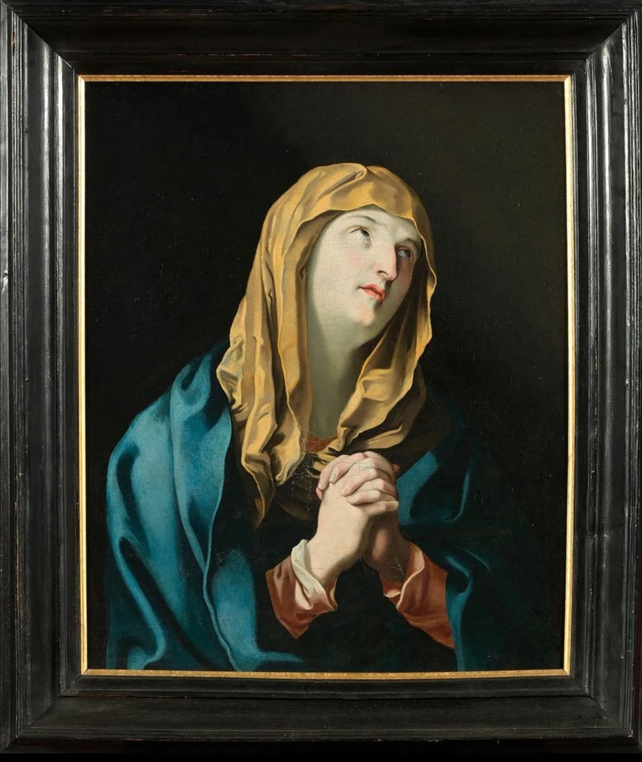 Madonna of Sorrows. School of Guido Reni. Bolognese School. 17th Century: Oil on canvas. Dimensions 74 x 60 cm. Devotional image of Our Lady of Sorrows, presented as a bust against a dark background that focuses all attention on the spiritual intensity of the figure. Mary a