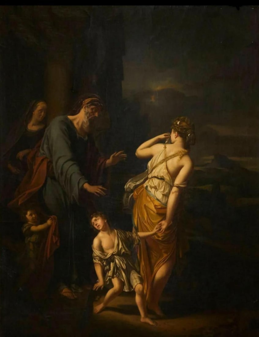 The Exile of Hagar. Circle of Adriaen van der Werff. Dutch School. 18th Century: Oil on canvas. Dimensions 89 x 69.5 cm. A biblical scene inspired by the episode of Hagar's exile, developed through a composition of great narrative elegance in which Abraham appears accompanied by S