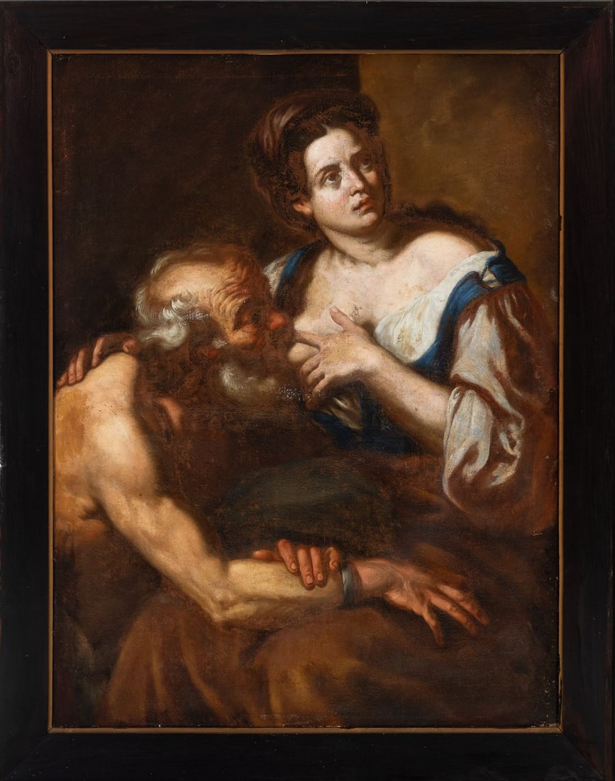 Roman Charity. Niccolò Tornioli. Sienese School. 17th Century: Oil on canvas. Dimensions 122 x 94 cm. This composition, imbued with a powerful moral charge, is inspired by the classic Roman episode of Caritas, in which a young woman secretly feeds her imprisoned 