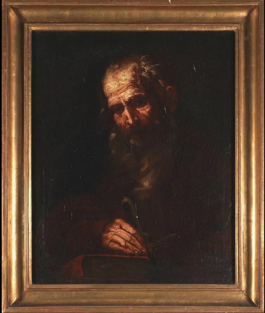 Probably Saint Paul. Giacinto Brandi Circle. Roman School. 17th century: Oil on canvas. Dimensions 69 x 56 cm. Half-length composition centered on the figure of a bearded old man, likely identified as Saint Paul, depicted in deep contemplation as he writes on a book placed