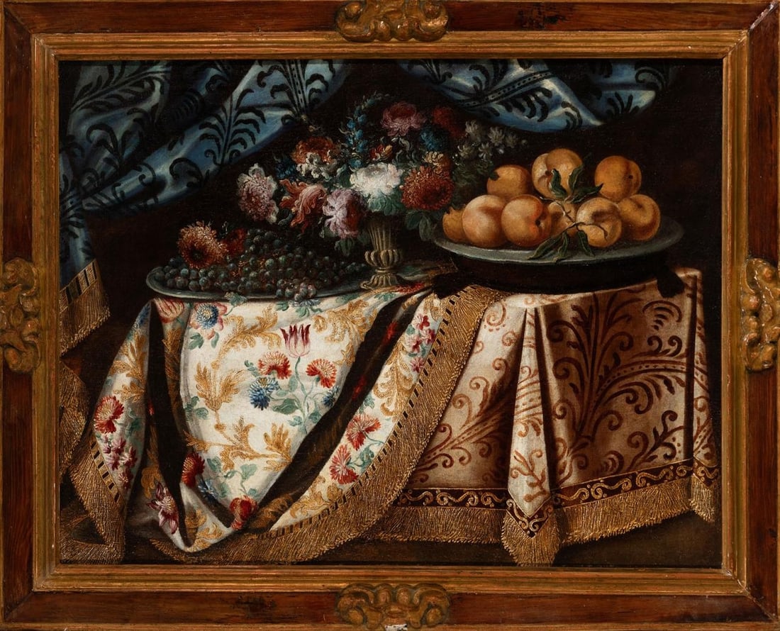 Still Life with Flowers, in the style of Antonio Tibaldi. 18th Century: Oil on relined canvas. Dimensions 84 x 108 cm. A sumptuous still life composed of a refined arrangement of peaches, bunches of grapes, and an exuberant floral display on tables covered with rich texti