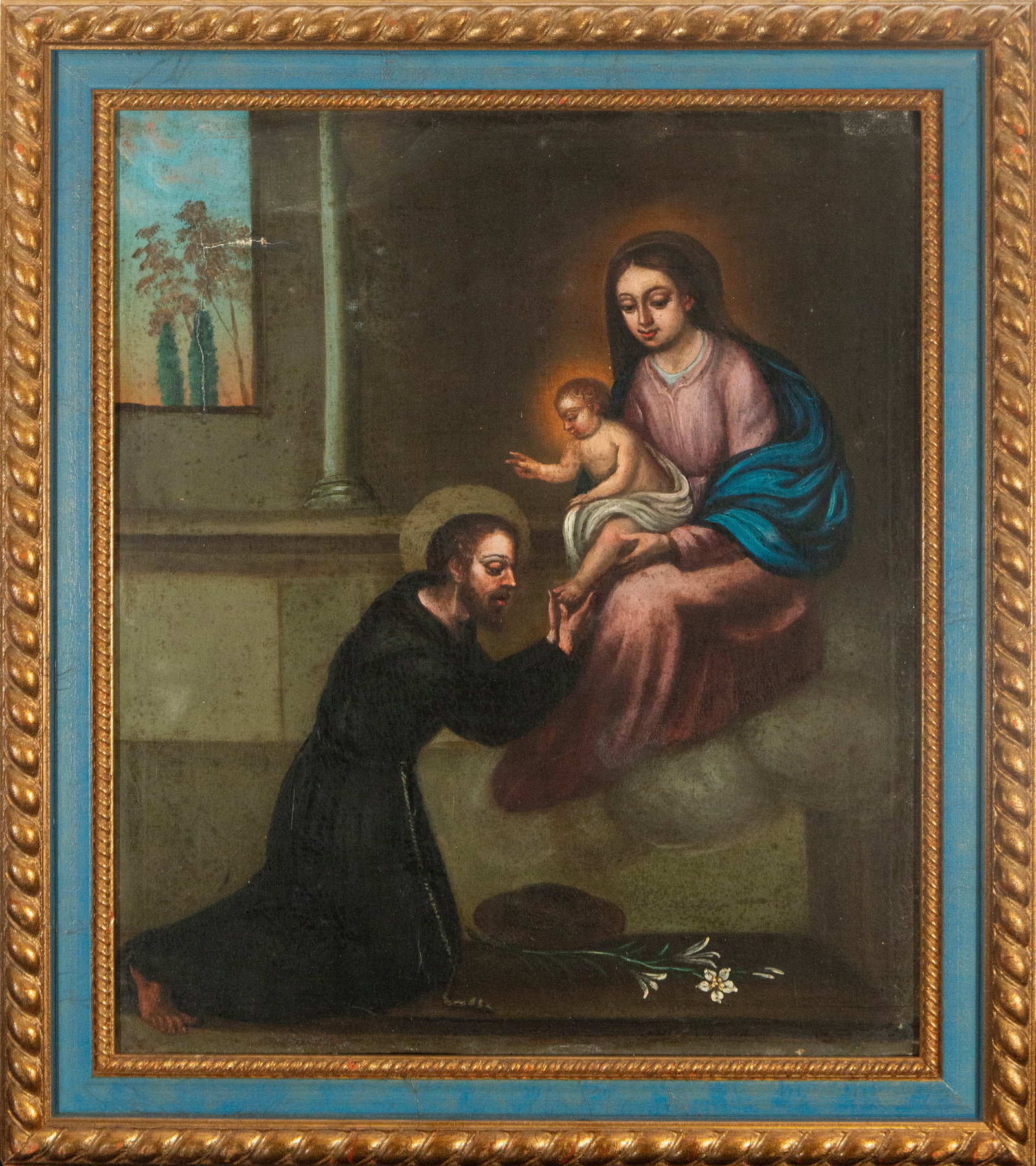 Saint Anthony praying to the Virgin Mary. Colonial School. 18th Century.: Oil on canvas. Measures 56 x 47 cm (67 x 57 cm with frame). The composition depicts Saint Anthony of Padua kneeling before the Virgin Mary, who holds the Christ Child on a luminous cloud. The scene un