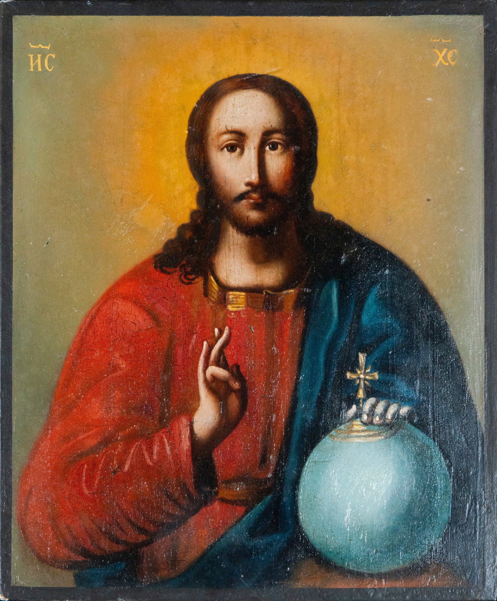 Oil on panel painting from the late 18th century. Salvador Mundi: Oil on panel. Measurements: 28 cm x 22 cm x 2 cm