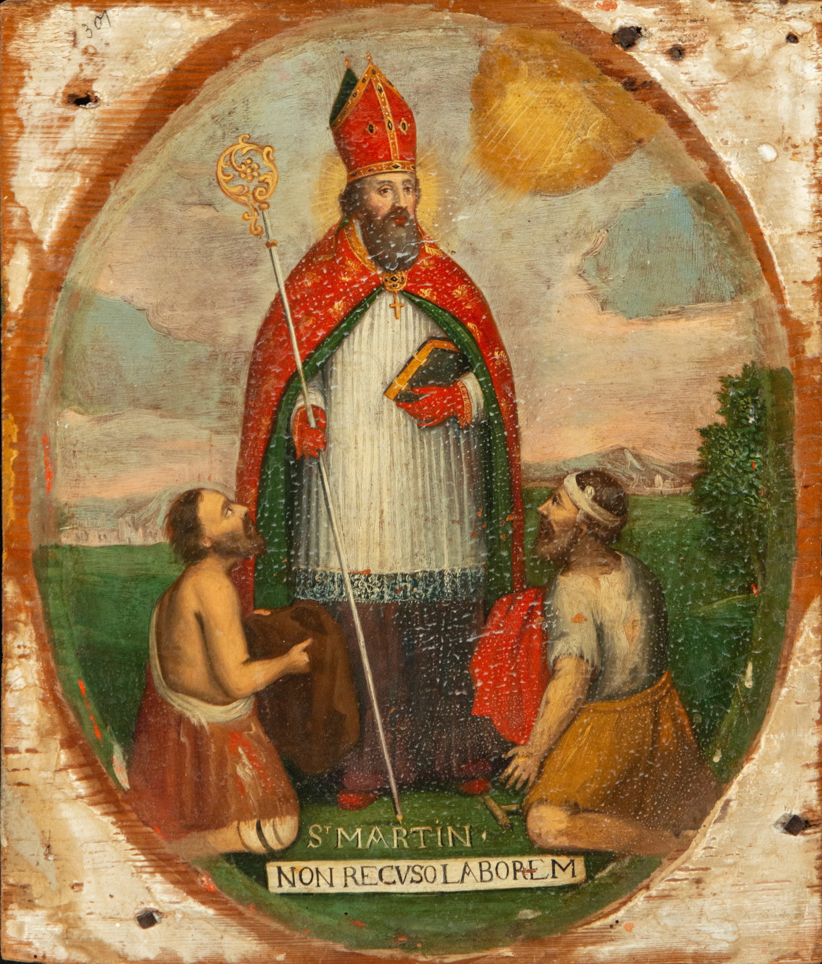Oil on panel painting depicting Saint Martin with the poor from the 17th-18th century: Oil on panel. Measurements: 43 cm x 36 cm
