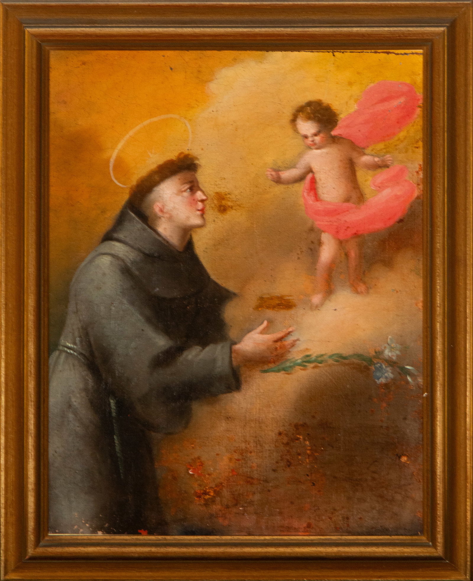 18th Century Sevillian School - Saint Anthony with the Child: Oil on canvas. Measurements: 43 x 33 cm.