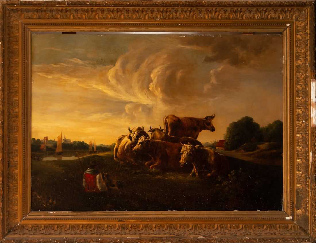 Pastoral Scene with Cows, follower of Salvator Rosa, known as Rosa of Tivoli, Dutch school of the: Oil on panel, framed measurements: 105 x 81, Table measurements: 86 x 60 cm