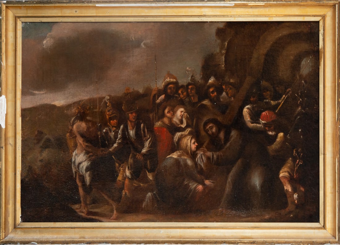 Christ Carrying the Cross, 17th-century Italian school: Oil on canvas, framed dimensions: 91 x 63 cm. Canvas dimensions: 80 x 52 cm