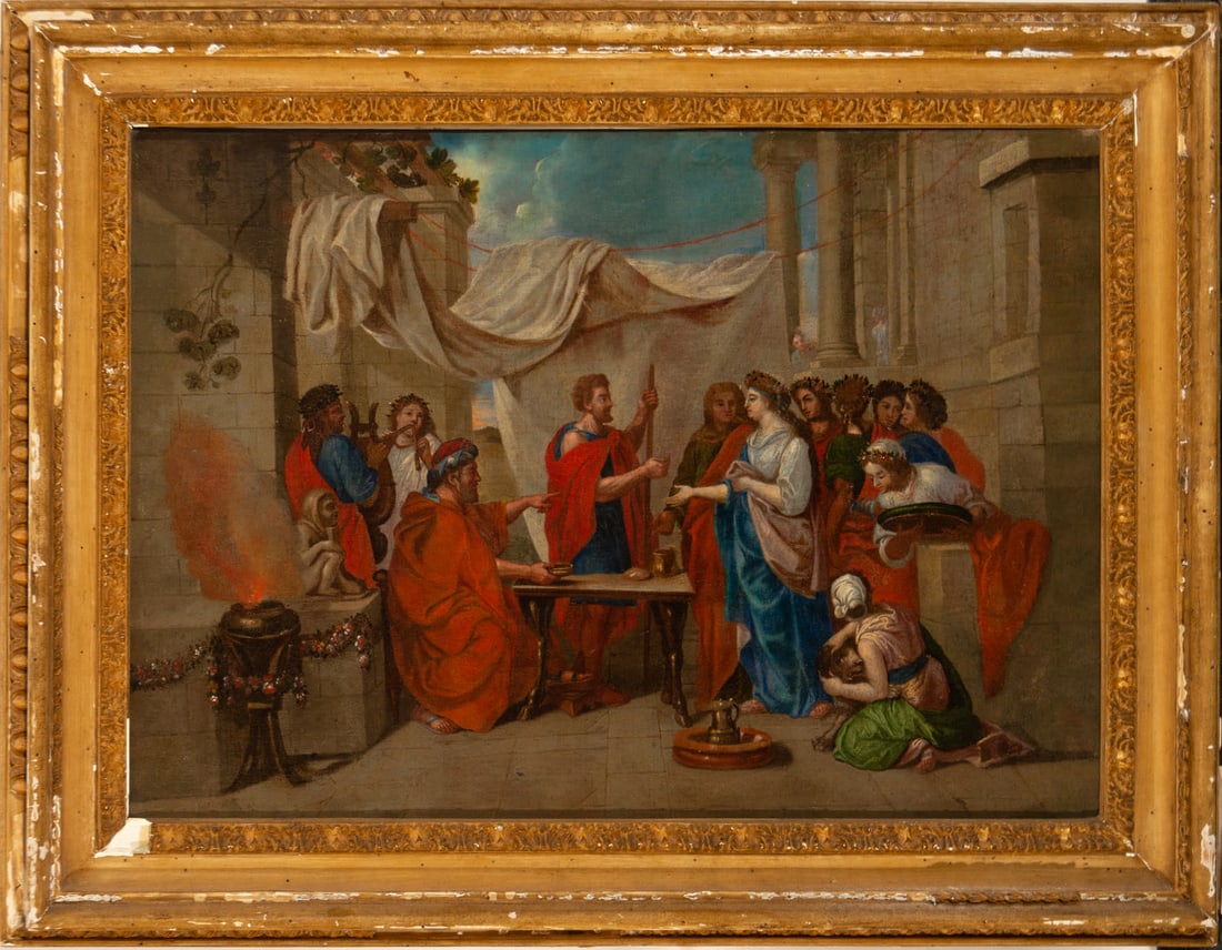 Salome Facing King Herod, 18th-century Italian school: Oil on canvas, framed dimensions: 90 x 69, canvas dimensions: 73 x 52 cm