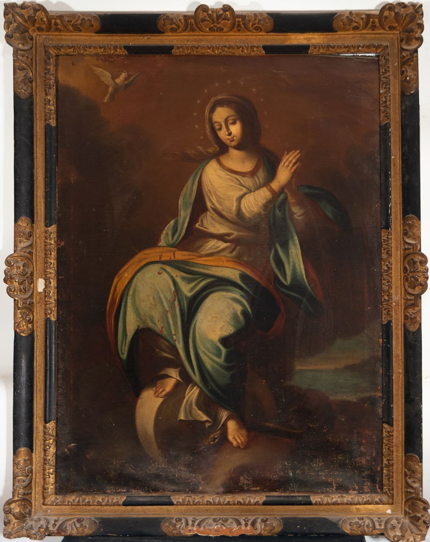 Immaculate Virgin, 18th century Spanish school: Signed on the back. Oil on canvas, framed dimensions: 147 x 114 cm, canvas dimensions: 125 x 93 cm