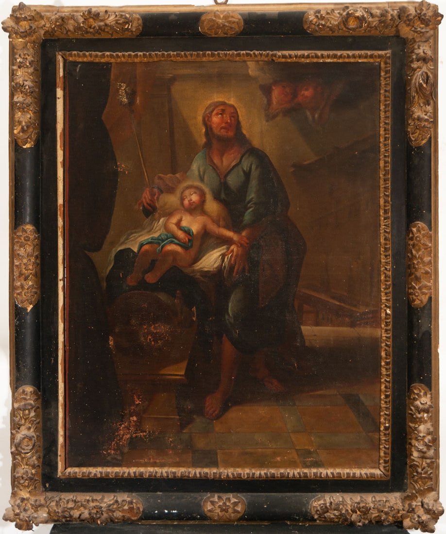 Saint Joseph with the Child in his Arms, possibly Italian school of the 18th century: Signed and dated on the back. Oil on canvas, framed dimensions: 124 x 102 cm, canvas dimensions: 101 x 75 cm