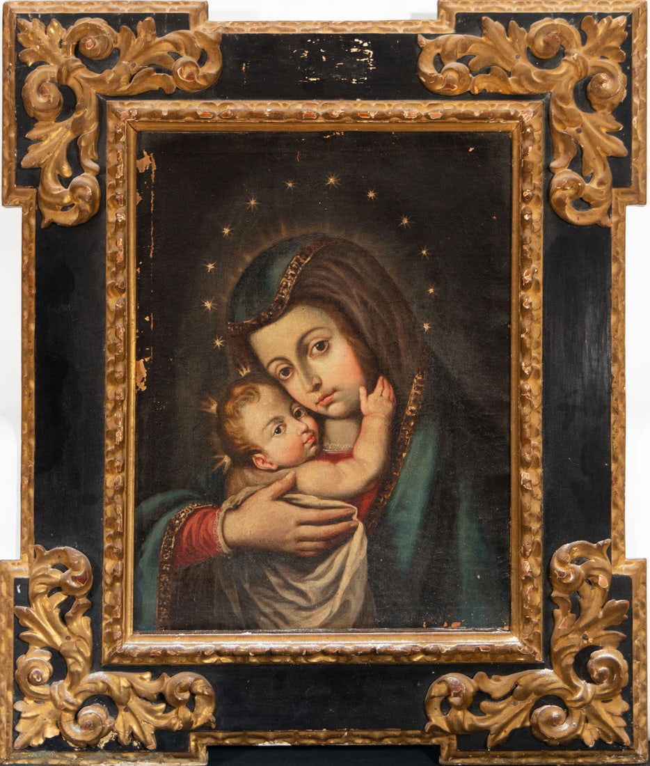 Virgin of Bethlehem, Andalusian school of the 18th century, with important period setting: Oil on canvas, framed dimensions: 92 x 77, canvas dimensions: 60 x 45 cm