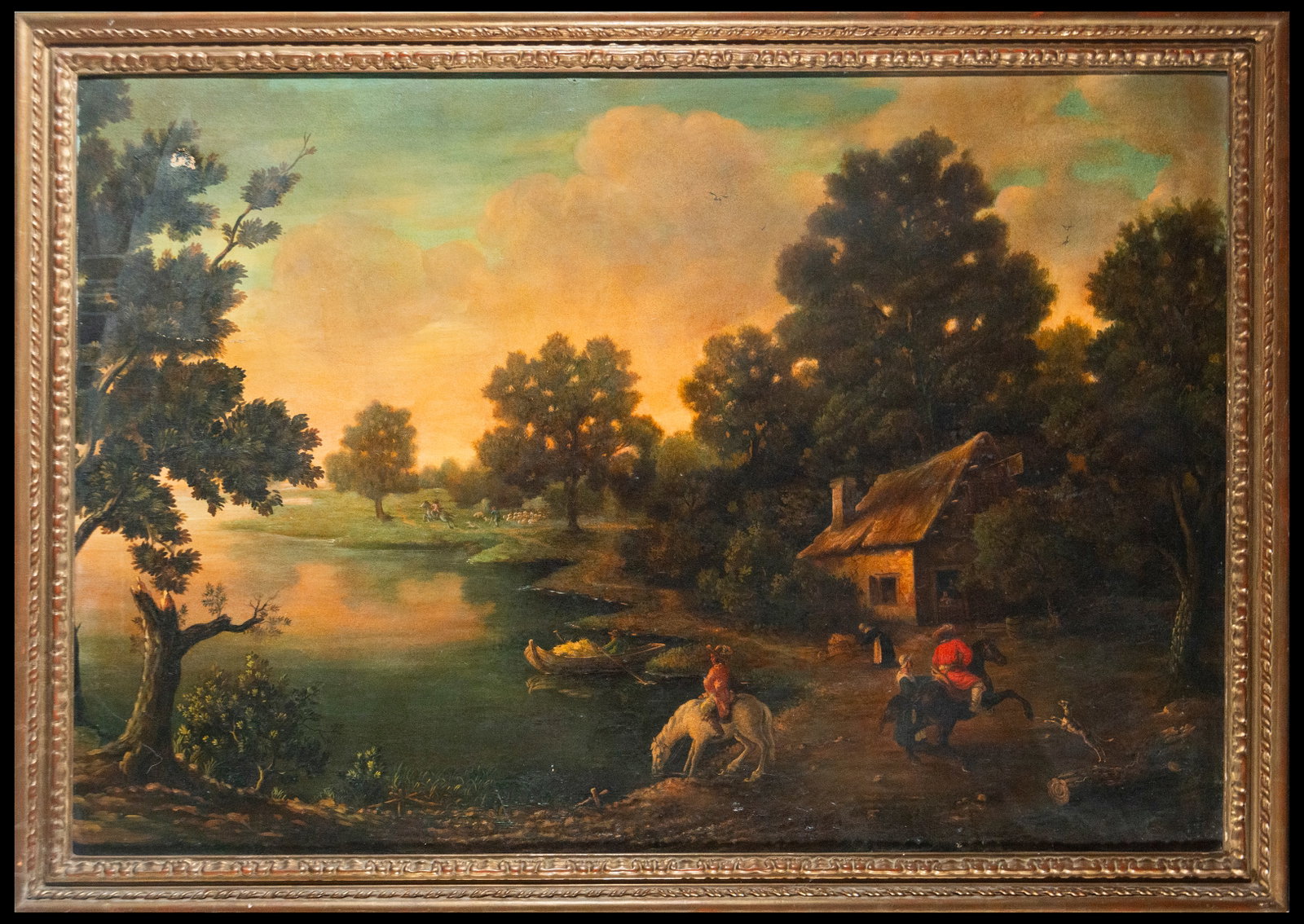 Dutch School of the 18th-19th century, Country Scene on the Lakeside: Oil on canvas, total dimensions with frame: 139 x 100 cm
