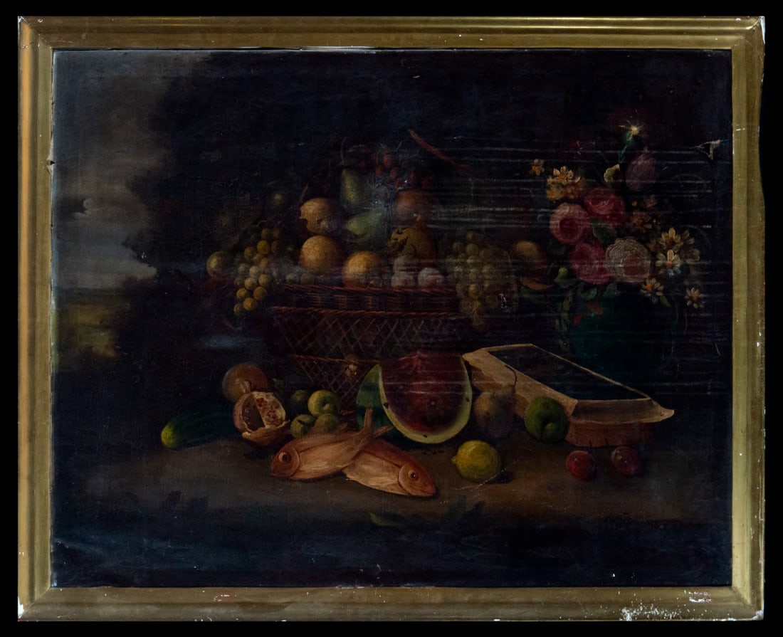 18th Century Italian Baroque Still Life of Fish and Fruit: Oil on canvas, dimensions: 105 x 85 cm, dimensions with frame: 115 x 95 cm