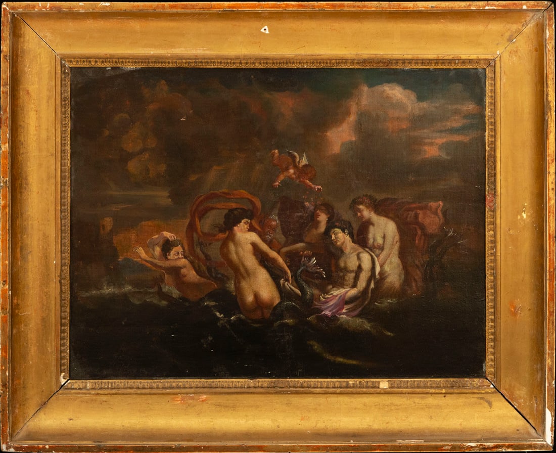 Neptune and Amphitrite, 17th-century Flemish school: Oil on canvas glued to cedar board, canvas dimensions: 54 x 40 cm, frame dimensions: 69 x 55 cm