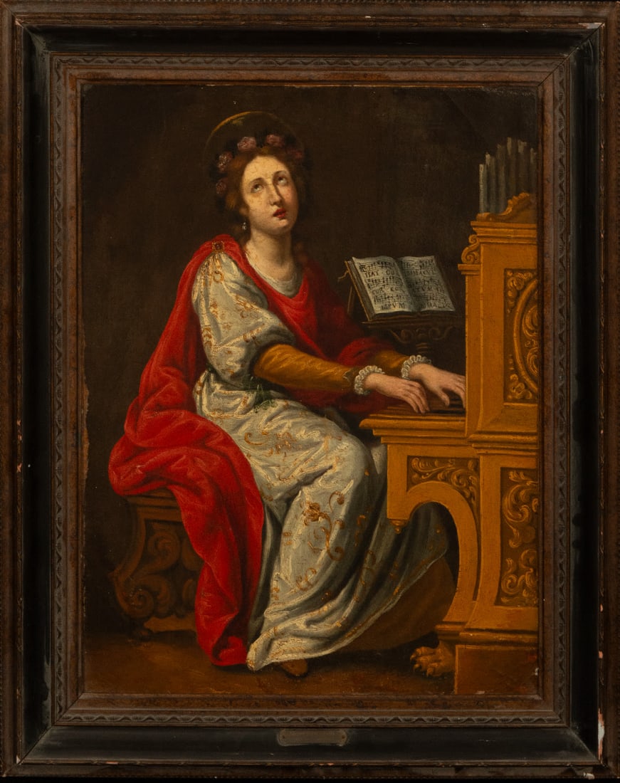 Saint Cecilia, circle of Domenico Zampieri "Il Domenichino" (1581 - 1641), 17th century Italian: Oil on canvas, canvas dimensions: 53 x 41 cm, frame dimensions: 67 x 55 cm