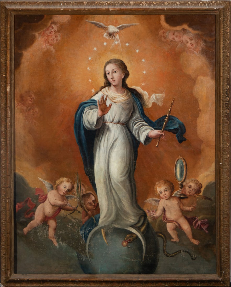 Immaculate Virgin, New Spanish school of the 18th century: Oil on canvas, framed, framed dimensions: 101 x 81, canvas dimensions: 91 x 72 cm