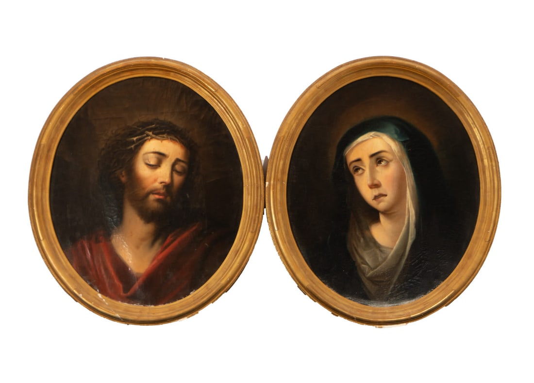Pair of Ovals of Ecce Homo and Dolorosa, follower of Bartolomé Esteban Murillo, Spanish school of: Pair of ovals on canvas, framed, framed dimensions: 64 x 54, canvas dimensions: 36 x 46 cm
