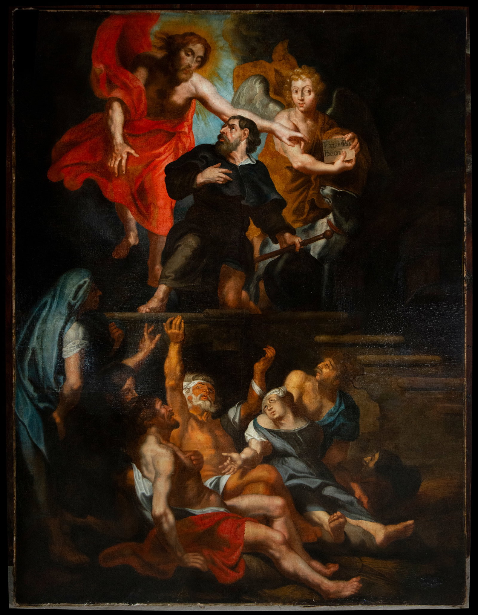 Flemish or Italian master, 17th century: Oil on canvas. Dimensions: 222 x 152 cm. Monumental composition of a religious subject, articulated in two registers, with a pilgrim saint assisted by celestial figures in the upper part and a dramati