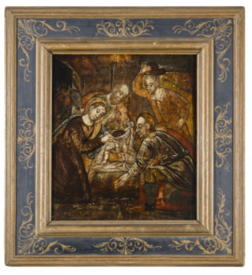 Adoration of Shepherds - 16th Century Venetian Cretan Orthodox Icon: 43x37cm. Provenance: important private collection in Barcelona.