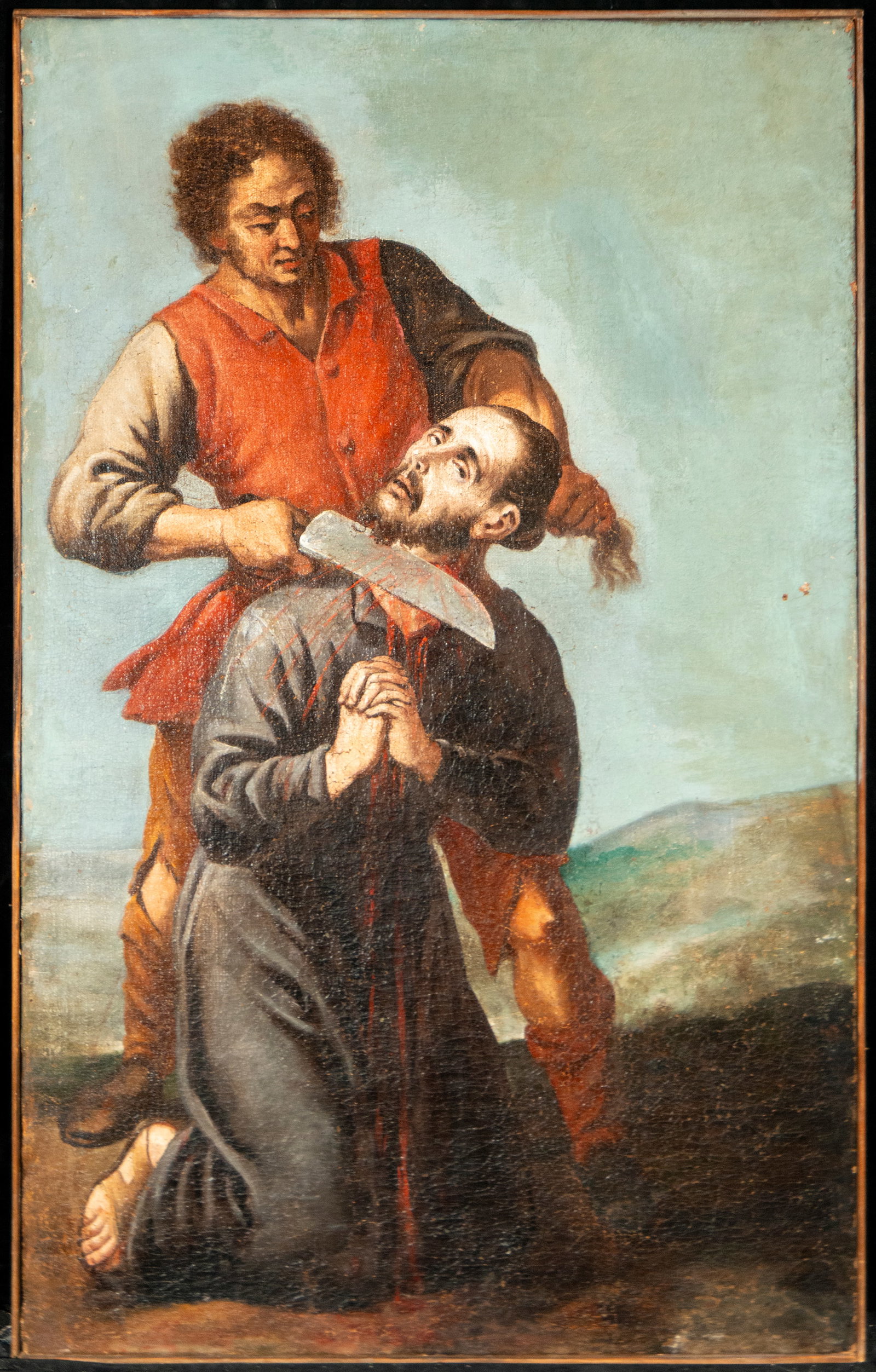 PALOMINO Y VELASCO, ANTONIO - Martyrdom of Saint Paul, Spanish School, 17th-18th Century: Oil on canvas. Measures 101 x 64 cm. Saint Paul is depicted kneeling with his hands clasped as the executioner prepares to carry out the sentence. The composition focuses on the apostle's sacrifice an