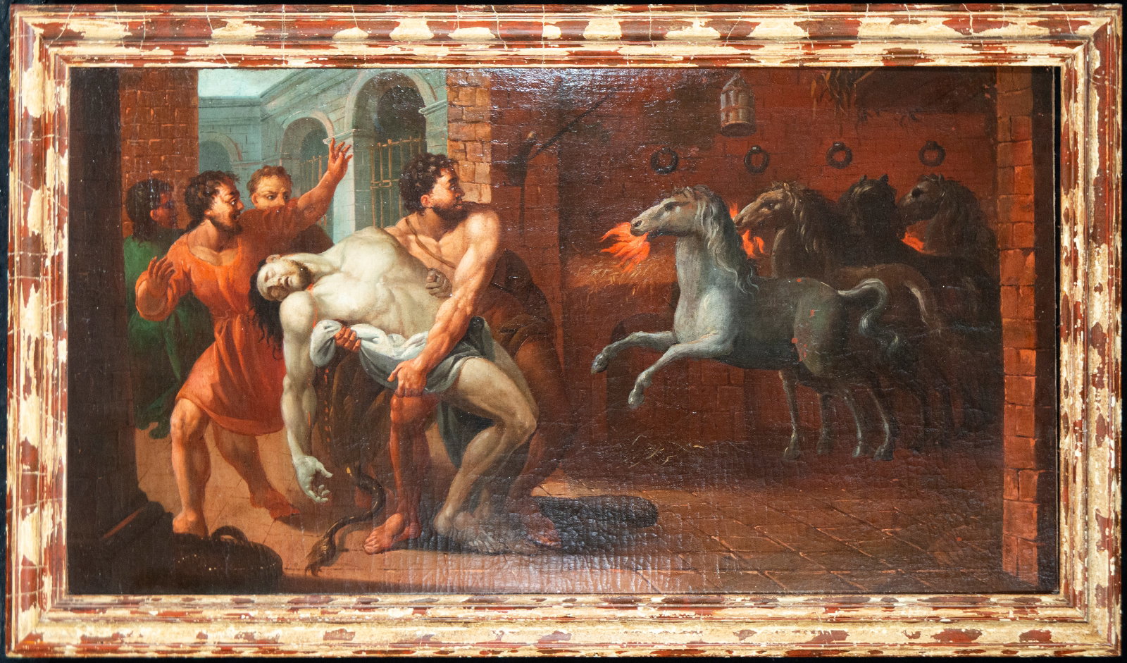 The Death of Hippolytus - Italian or French Master - 17th Century: Oil on canvas. Dimensions 57 x 101 cm. Mythological scene set in stables where several figures carry a lifeless body while horses agitate in the background. The dynamism of the figures and the theatri