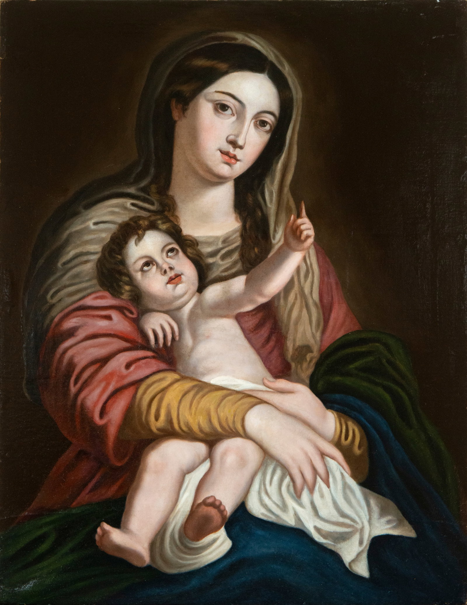 Virgin and Child. Italian Neoclassical School. 18th Century: Oil on canvas. Dimensions: 99 x 74.5 cm. The Virgin is shown seated, bust-length, holding the Child Jesus, who, upright on her lap, raises his right hand in a gesture of blessing. Their faces, of grea