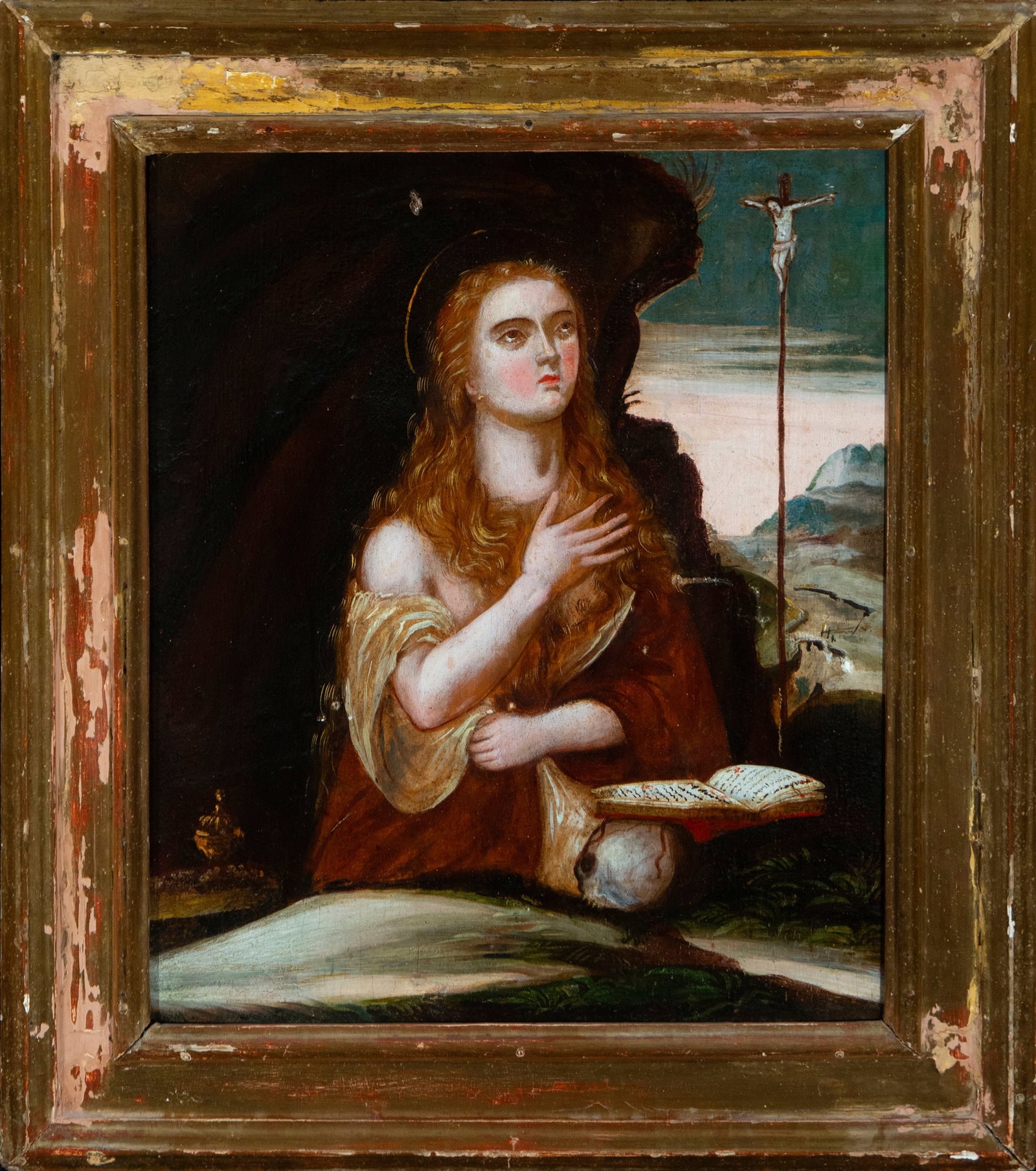Saint Mary Magdalene in Penitence. Viceroyalty School. 18th Century.: Oil on canvas. Dimensions 53 × 47 cm. Depiction of Mary Magdalene in a penitent pose, her gaze directed towards heaven and her expression sorrowful. She kneels on a rock with one hand on her chest an