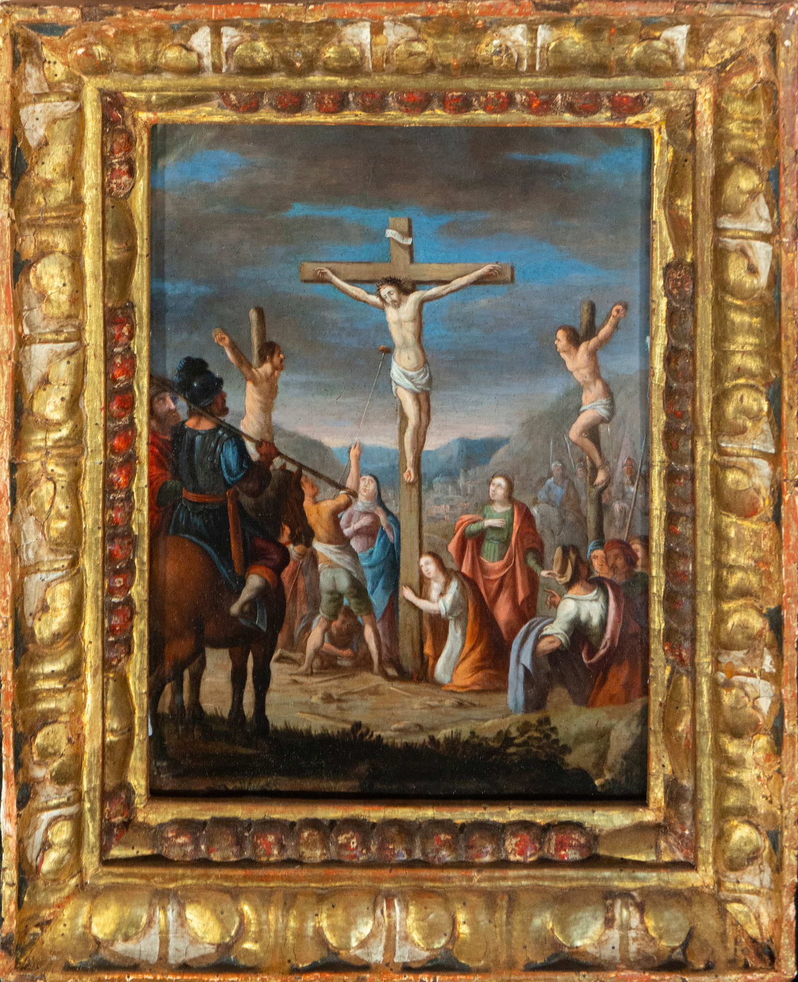 Crucifixion on Calvary. Italian School. 17th Century: Oil on copper. Dimensions: 31.8 x 23 cm (43 x 34.5 x 6 cm with frame). A private devotional work depicting the Crucifixion of Christ on Calvary, with the Virgin Mary, Saint John, and Mary Magdalene at