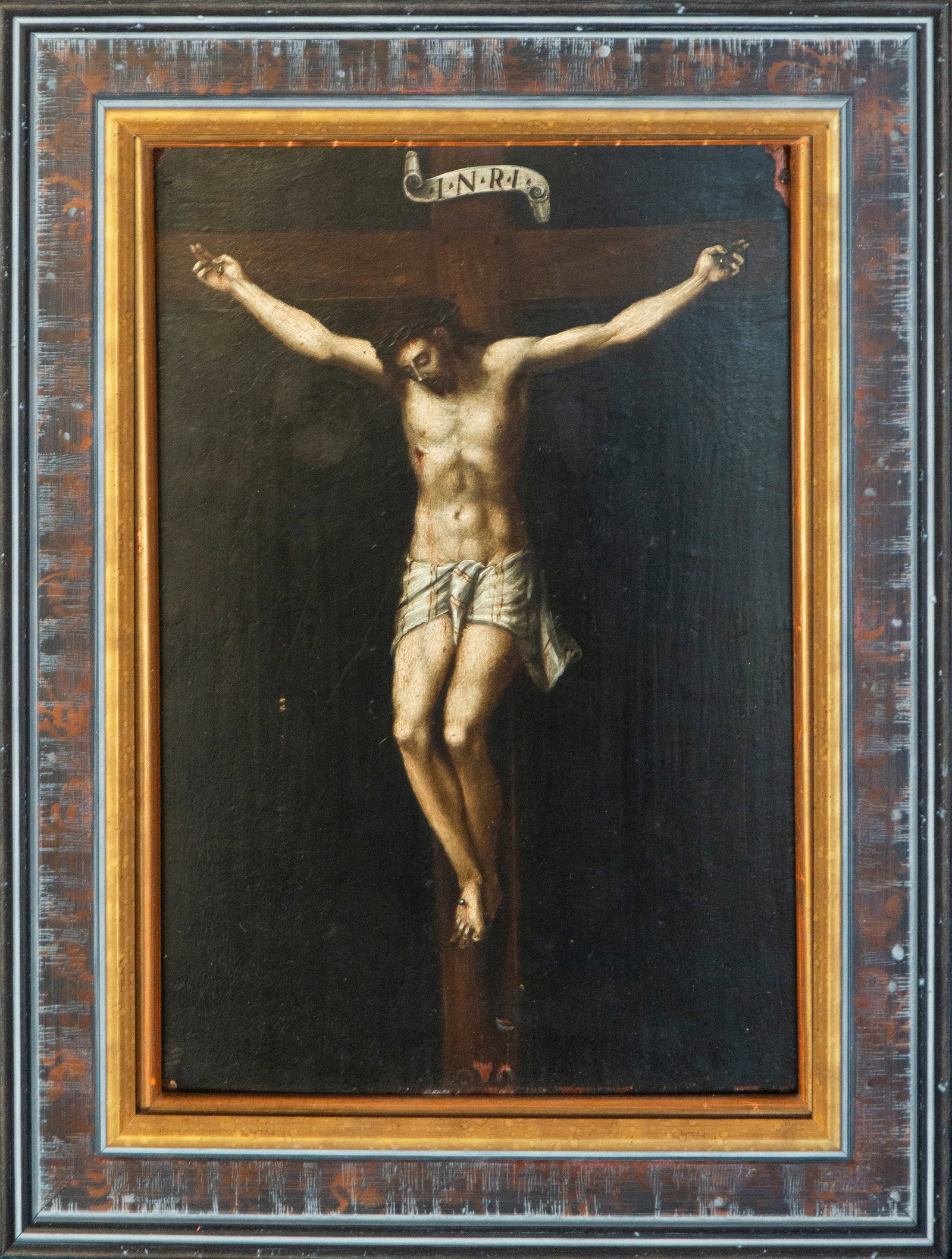 Crucifixion of Christ. Workshop of Alonso Cano. Spanish School. 17th Century: Oil on panel. Dimensions: 29 x 19.7 cm (38 x 29 x 2.5 cm with frame). Christ crucified against a dark background, the central figure highlighted by a supernatural light that emphasizes the anatomy and