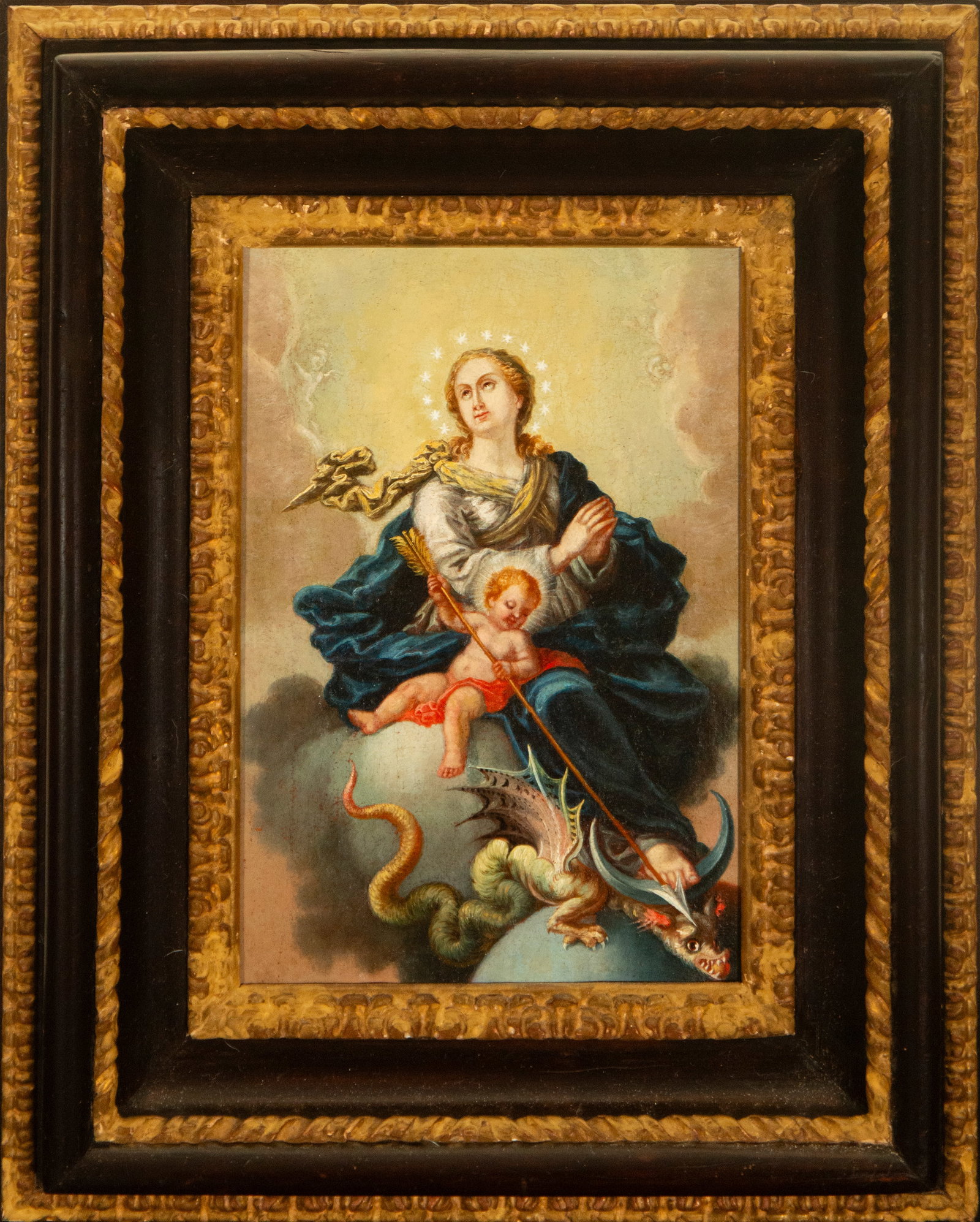 Virgin and Child with Dragon, Workshop of Carlo Maratta, 17th Century: Oil on canvas. Dimensions: 29 × 21 cm; 47 × 38 × 5 cm (frame). The composition depicts the crowned Virgin and Child vanquishing the dragon against a celestial background. The execution reveals the 